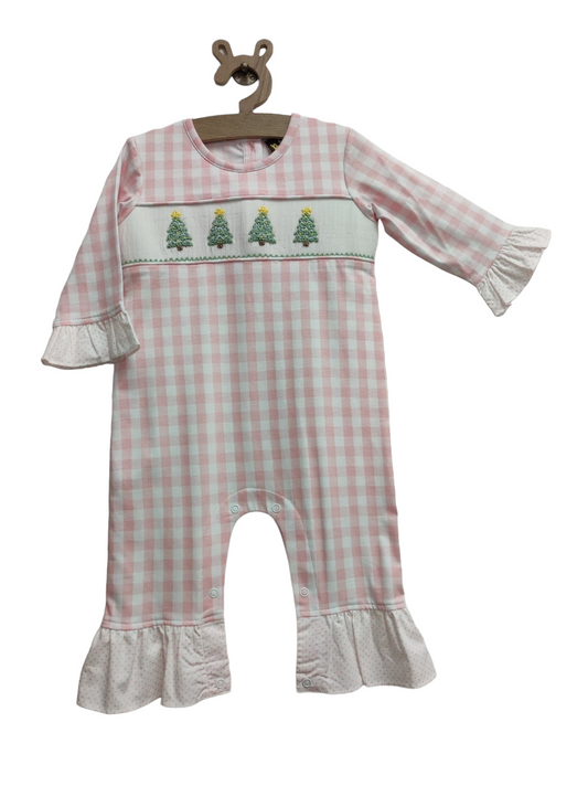 Pink Christmas Tree Smocked Romper