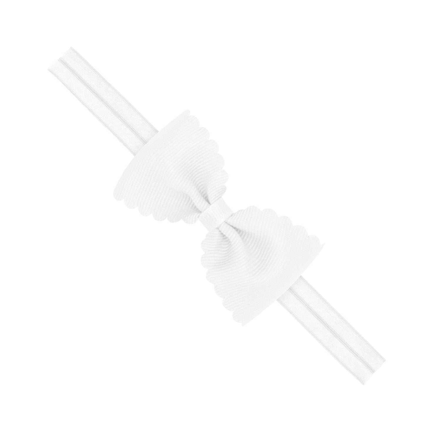White Small Grosgrain Scalloped Hair Bow on Elastic Band