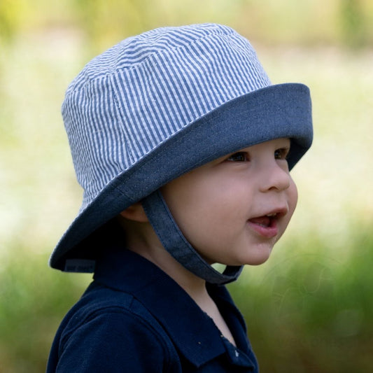 Boys Reversible Denim Blue Seersucker Sun Hat