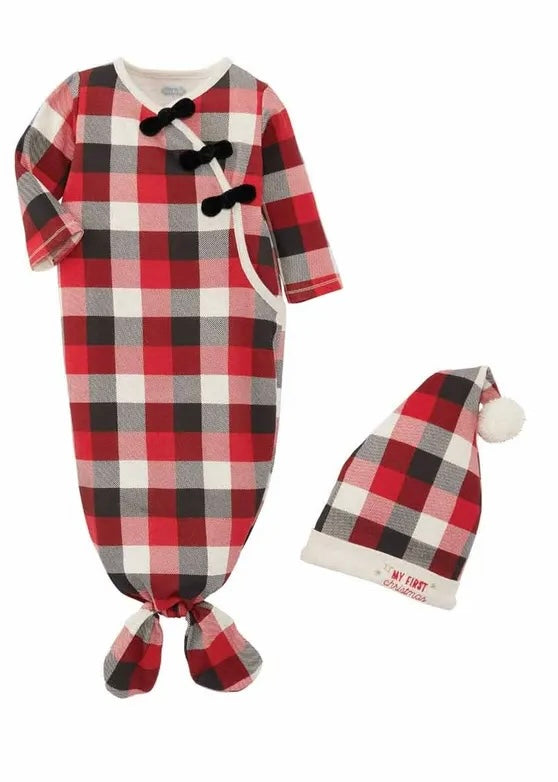 Buffalo Check 1st Christmas Sleep Girls Gown Hat Set