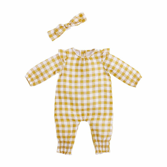 Mustard Gingham Bodysuit And Headband Set