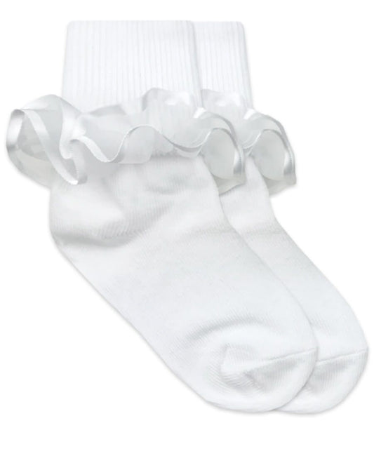 White Frilly Ruffle Lace Turn Cuff Socks